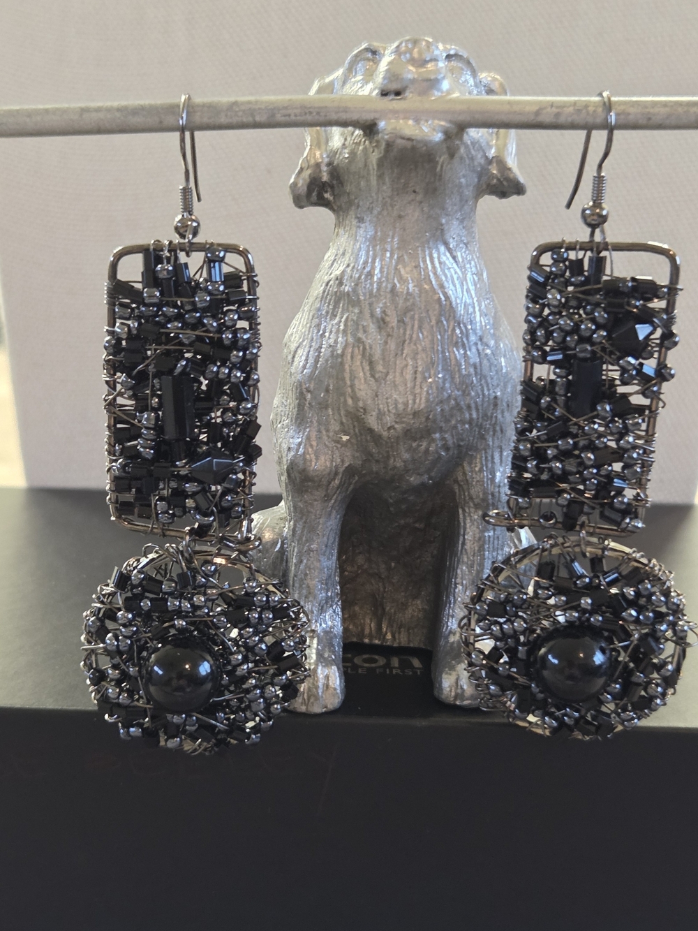 Handcrafted Black and Blue/Gray Beaded Drop Earrings